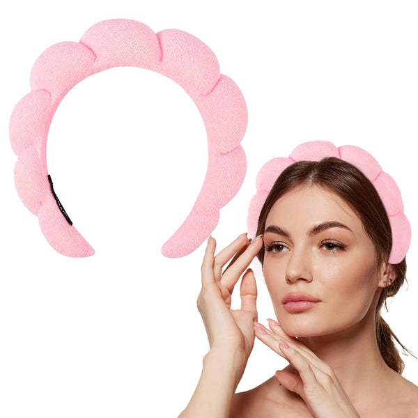 Spa Headbands for Women-Headband for Washing Face, Makeup, Skincare, Shower, Hair Accessories -Sponge & Terry Cloth Headband, Pink