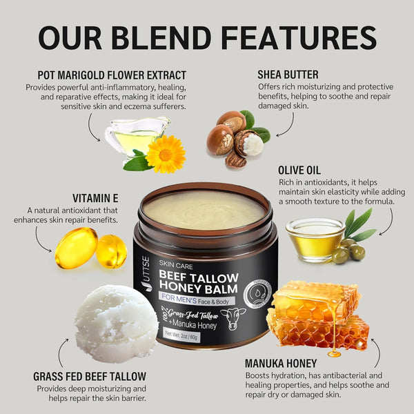 Beef Tallow Honey Balm 100% Grass-Fed For Face and Body 2 oz