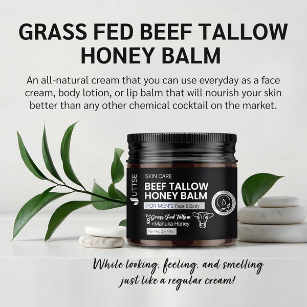 Beef Tallow Honey Balm 100% Grass-Fed For Face and Body 2 oz